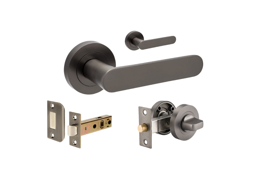 Product picture of the Zanda Duke Door Lever Handle on Round Rose Graphite Nickel separate privacy set, on a white background.