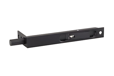 The Zanda Economy 152x19 Matt Black Flush Bolt on a white background.