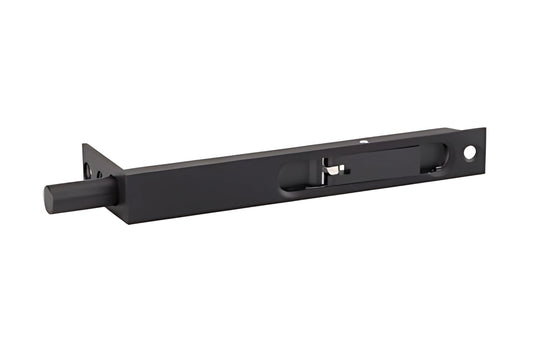 The Zanda Economy 152x19 Matt Black Flush Bolt on a white background.