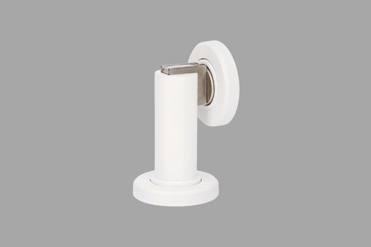 Product picture of the White Magnetic Door Stop on a grey background.