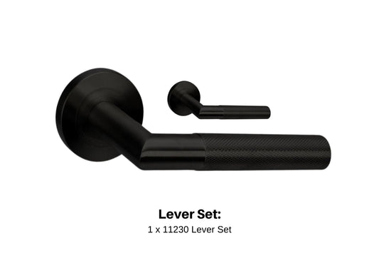 Product image of the Wyatt Matt Black Door Handle Set on a white background. There is text mentioning there is 1 x 11230 Lever Set for this product.