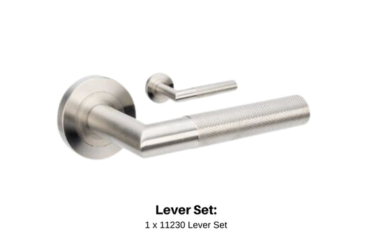 Product image of the Wyatt Stainless Steel Door Handle Set on a white background. There is text mentioning there is 1 x 11230 Lever Set for this product.
