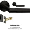 Product image of the Wyatt Matt Black Door Handle Passage Set on a white background. There is text mentioning there is 1 x 11230 Lever Set and 1 x 1172.BLK Heavy Duty Latch for this product.