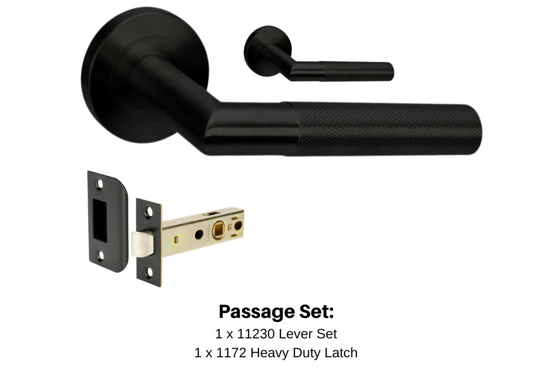 Product image of the Wyatt Matt Black Door Handle Passage Set on a white background. There is text mentioning there is 1 x 11230 Lever Set and 1 x 1172.BLK Heavy Duty Latch for this product.
