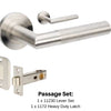Product image of the Wyatt Stainless Steel Door Handle Passage Set on a white background. There is text mentioning there is 1 x 11230 Lever Set and 1 x 1172.SS Heavy Duty Latch for this product.