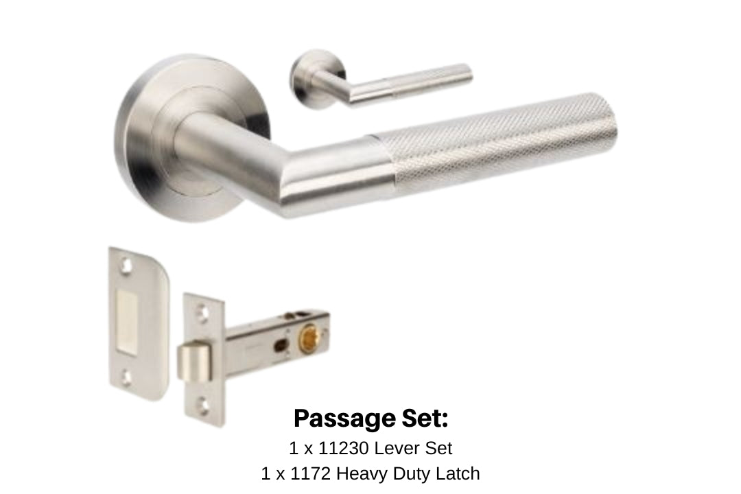 Product image of the Wyatt Stainless Steel Door Handle Passage Set on a white background. There is text mentioning there is 1 x 11230 Lever Set and 1 x 1172.SS Heavy Duty Latch for this product.