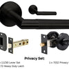 Product image of the Wyatt Matt Black Door Handle Privacy Set on a white background. There is text mentioning there is 1 x 11230 Lever Set, 1 x 1172.BLK Heavy Duty Latch and 1 x 7032 Privacy Kit for this product.