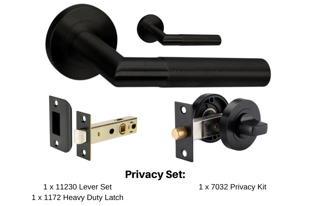 Product image of the Wyatt Matt Black Door Handle Privacy Set on a white background. There is text mentioning there is 1 x 11230 Lever Set, 1 x 1172.BLK Heavy Duty Latch and 1 x 7032 Privacy Kit for this product.