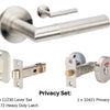 Product image of the Wyatt Stainless Steel Door Handle Privacy Set on a white background. There is text mentioning there is 1 x 11230 Lever Set, 1 x 1172.SS Heavy Duty Latch and 1 x 10421 Privacy Kit for this product.