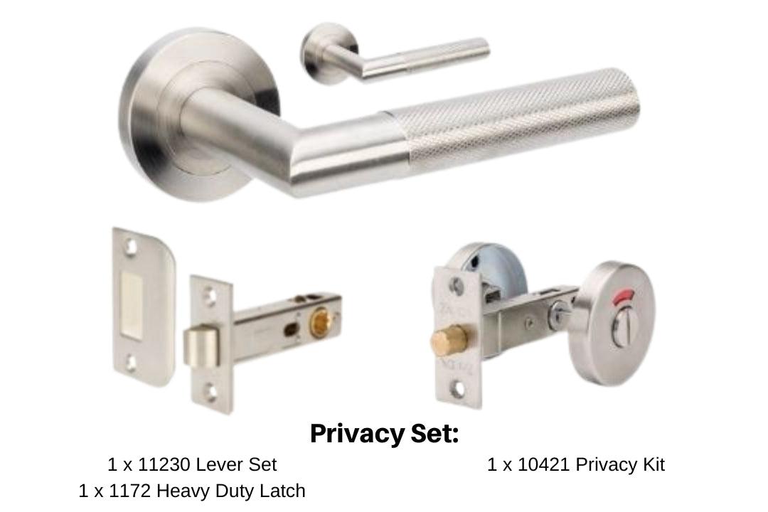 Product image of the Wyatt Stainless Steel Door Handle Privacy Set on a white background. There is text mentioning there is 1 x 11230 Lever Set, 1 x 1172.SS Heavy Duty Latch and 1 x 10421 Privacy Kit for this product.