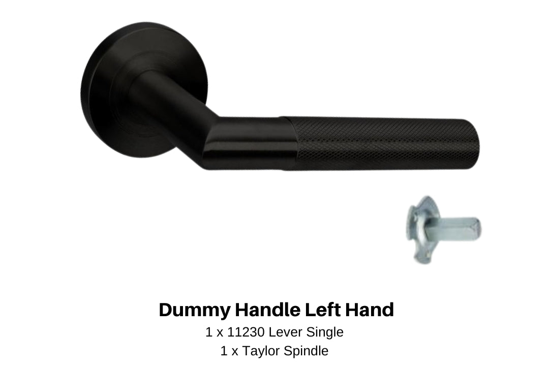 Product image of the Wyatt Matt Black Left Hand Dummy Handle on a white background. There is text mentioning there is 1 x 11230 Lever Single and 1 x Taylor Spindle for this product.