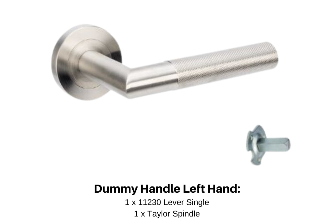 Product image of the Wyatt Stainless Steel Left Hand Dummy Handle on a white background. There is text mentioning there is 1 x 11230 Lever Single and 1 x Taylor Spindle for this product.
