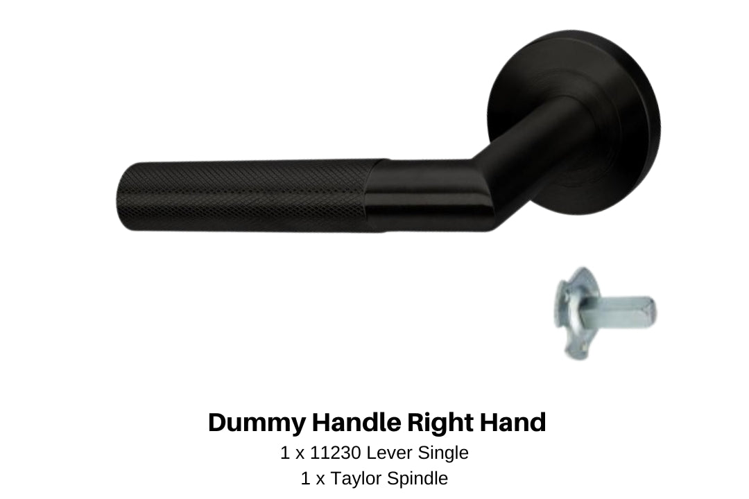 Product image of the Wyatt Matt Black Right Hand Dummy Handle on a white background. There is text mentioning there is 1 x 11230 Lever Single and 1 x Taylor Spindle for this product.