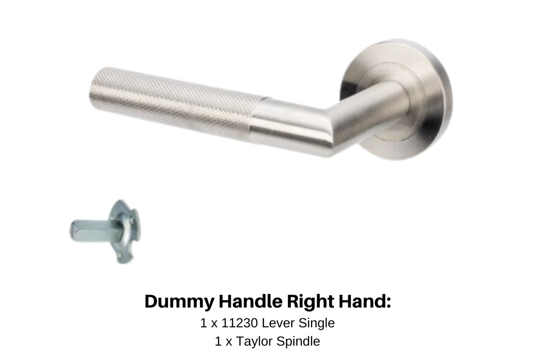 Product image of the Wyatt Stainless Steel Right Hand Dummy Handle on a white background. There is text mentioning there is 1 x 11230 Lever Single and 1 x Taylor Spindle for this product.