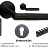 Product image of the Wyatt Matt Black Door Handle Entrance Set Number 3 on a white background. There is text mentioning there is 1 x 11230 Lever Set, 1 x 1143 Mortice Lock, 1 x Pair Euro Escutcheons and 1 x 70mm Key/Key Euro Cylinder for this product.