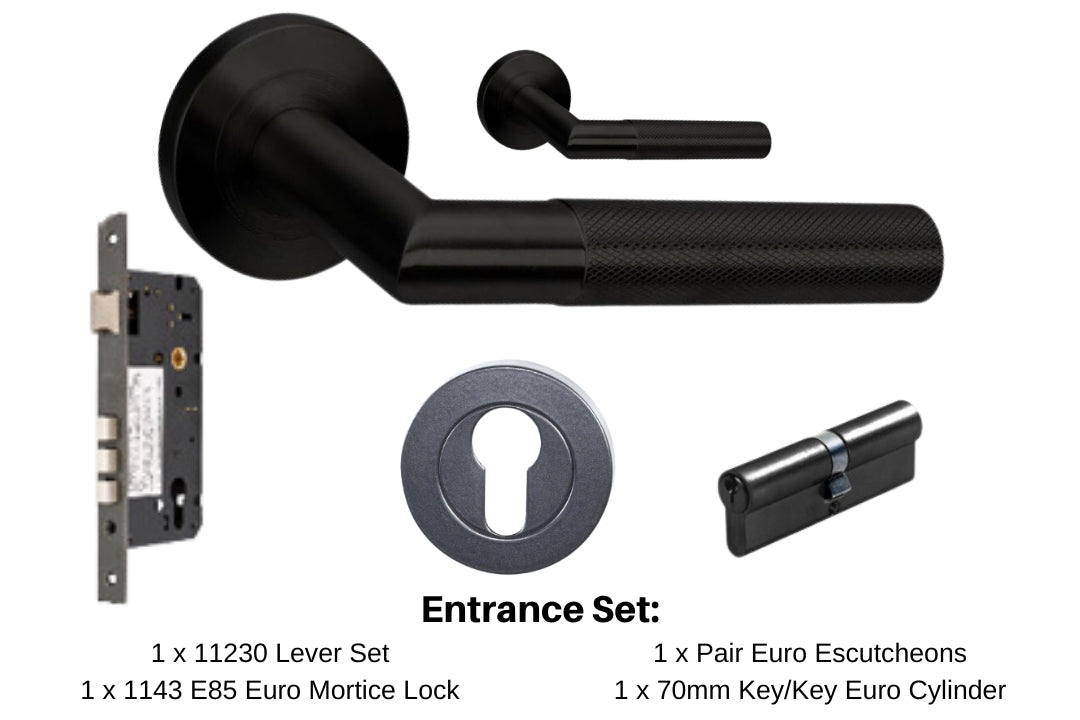 Product image of the Wyatt Matt Black Door Handle Entrance Set Number 3 on a white background. There is text mentioning there is 1 x 11230 Lever Set, 1 x 1143 Mortice Lock, 1 x Pair Euro Escutcheons and 1 x 70mm Key/Key Euro Cylinder for this product.