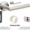 Product image of the Wyatt Stainless Steel Door Handle Entrance Set Number 3 on a white background. There is text mentioning there is 1 x 11230 Lever Set, 1 x 1143 Mortice Lock, 1 x Pair Euro Escutcheons and 1 x 70mm Key/Key Euro Cylinder for this product.