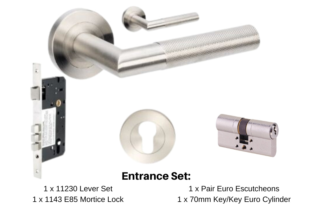 Product image of the Wyatt Stainless Steel Door Handle Entrance Set Number 3 on a white background. There is text mentioning there is 1 x 11230 Lever Set, 1 x 1143 Mortice Lock, 1 x Pair Euro Escutcheons and 1 x 70mm Key/Key Euro Cylinder for this product.