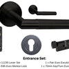 Product image of the Wyatt Matt Black Door Handle Entrance Set Number 4 on a white background. There is text mentioning there is 1 x 11230 Lever Set, 1 x 1143 Mortice Lock, 1 x Pair Euro Escutcheons and 1 x 70mm Key/Turn Euro Cylinder for this product.