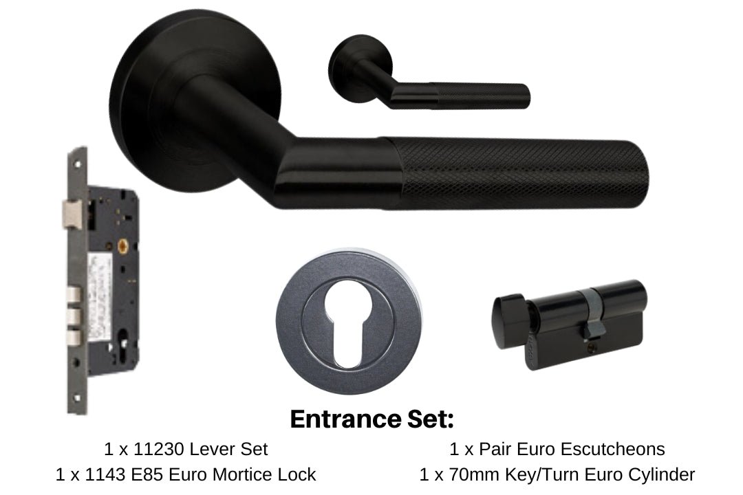 Product image of the Wyatt Matt Black Door Handle Entrance Set Number 4 on a white background. There is text mentioning there is 1 x 11230 Lever Set, 1 x 1143 Mortice Lock, 1 x Pair Euro Escutcheons and 1 x 70mm Key/Turn Euro Cylinder for this product.