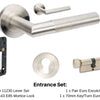 Product image of the Wyatt Stainless Steel Door Handle Entrance Set Number 4 on a white background. There is text mentioning there is 1 x 11230 Lever Set, 1 x 1143 Mortice Lock, 1 x Pair Euro Escutcheons and 1 x 70mm Key/Turn Euro Cylinder for this product.