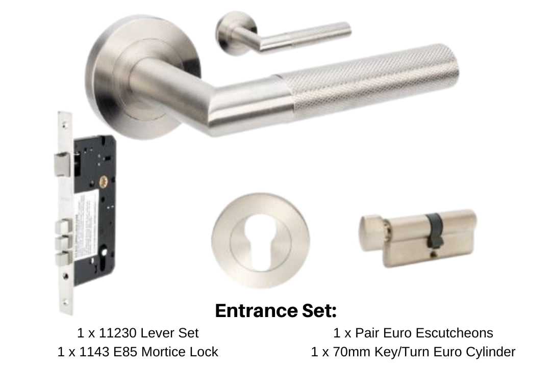 Product image of the Wyatt Stainless Steel Door Handle Entrance Set Number 4 on a white background. There is text mentioning there is 1 x 11230 Lever Set, 1 x 1143 Mortice Lock, 1 x Pair Euro Escutcheons and 1 x 70mm Key/Turn Euro Cylinder for this product.