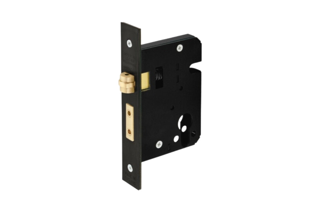 Product image of the 1140.BLK Heavy Duty Roller Mortice Lock in Black on a white background.