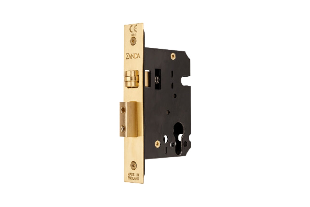 Product image of the 1140.SB Heavy Duty Roller Mortice Lock in Satin Brass on a white background.