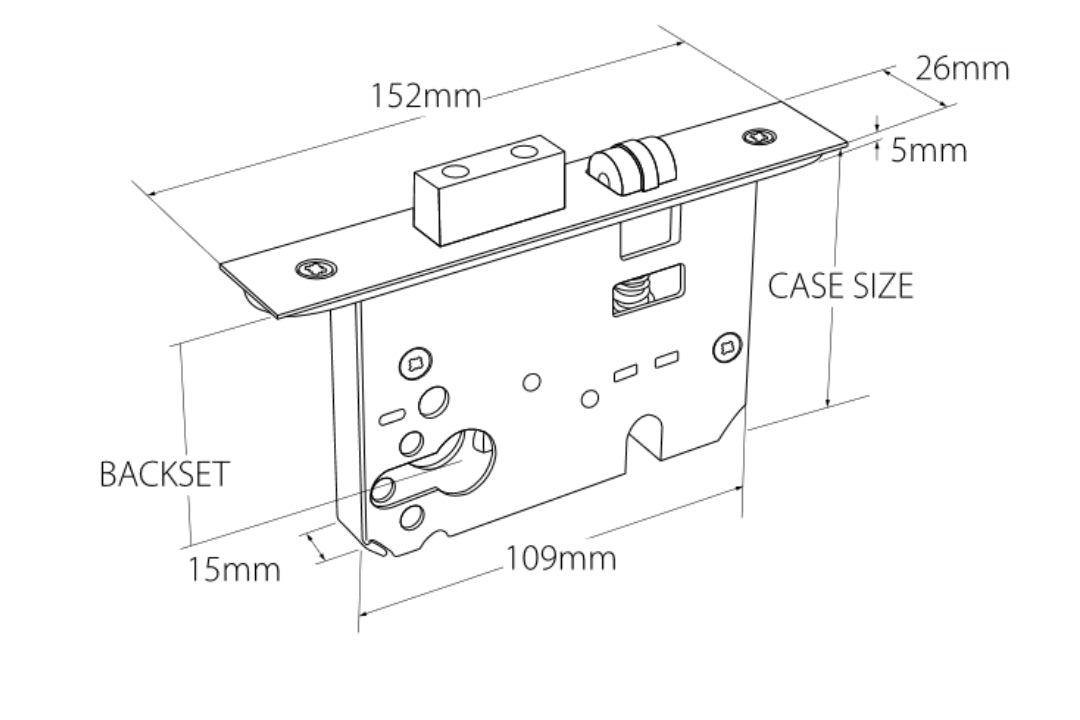 Black line drawing with measurements for the Heavy Duty Roller Mortice Lock on a white background.