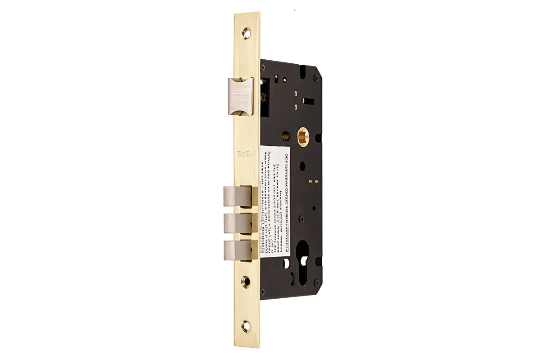 Zanda Euro Mortice Lock in Satin Brass – art deco style door lock in a warm brass finish.