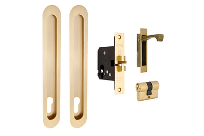 Product picture of the Zanda Duke Satin Brass Flush Pull Euro Lock Kit 250x40mm on a white background.