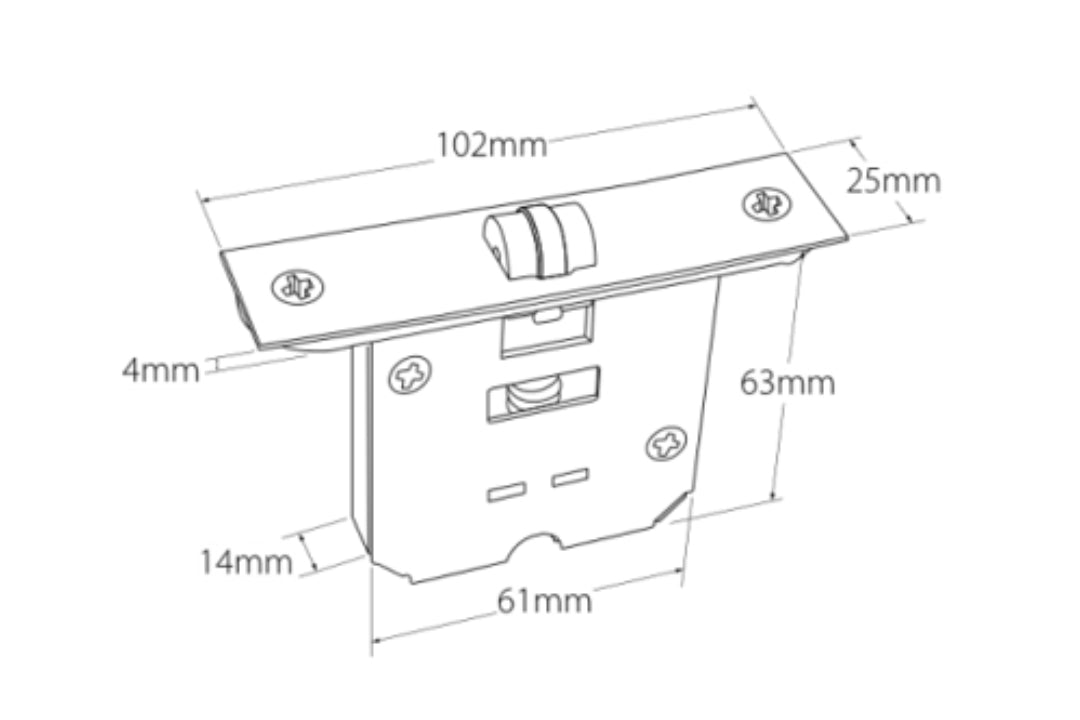 Black specification drawing of the 1195 roller mortice catch with measurements.