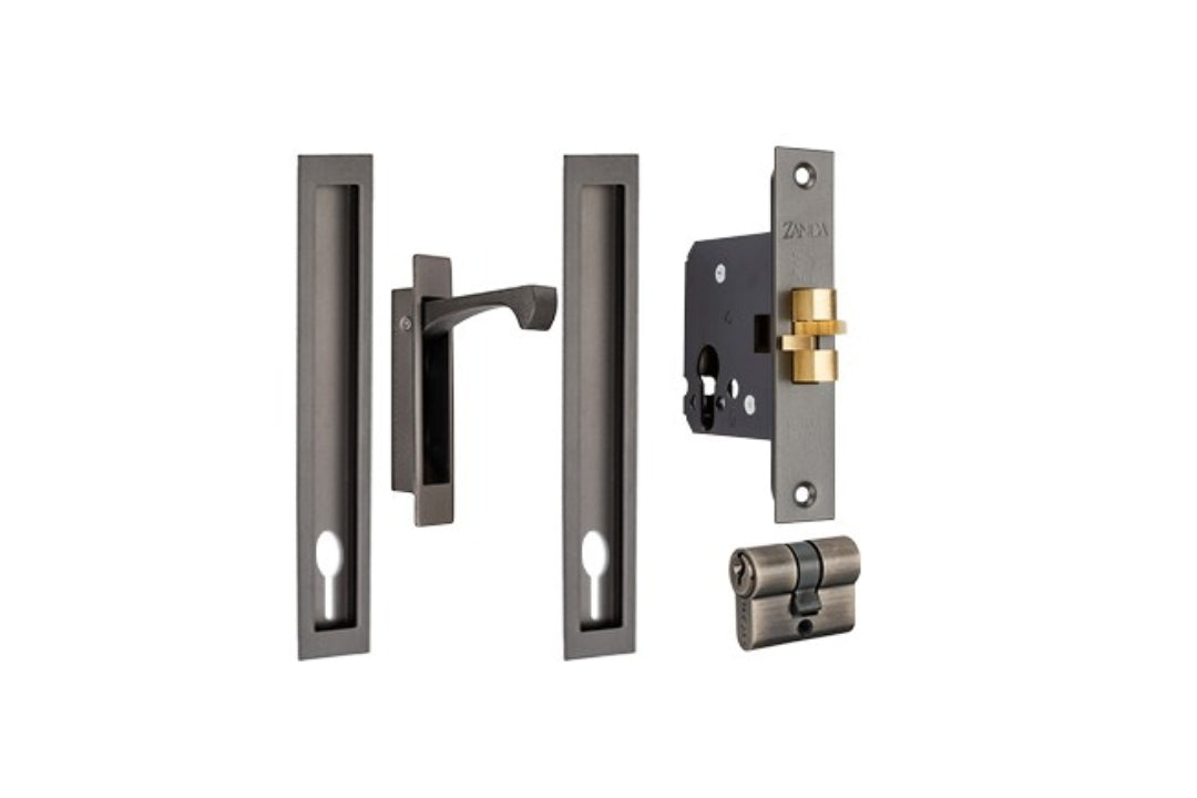 Product images of the Sliding Door Kit in Gun Metal Grey. It has 2 x Flush Pulls, 1 x Edge Pull, 1 x Euro Cylinder and 1 x Sliding Door Lock.