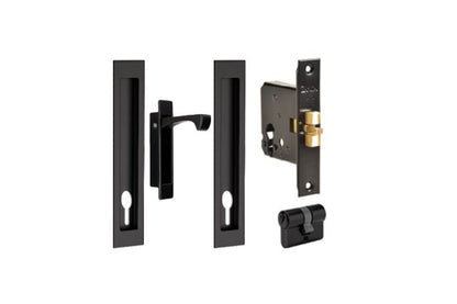 Product images of the Sliding Door Kit in Matt Black. It has 2 x Flush Pulls, 1 x Edge Pull, 1 x Euro Cylinder and 1 x Sliding Door Lock.