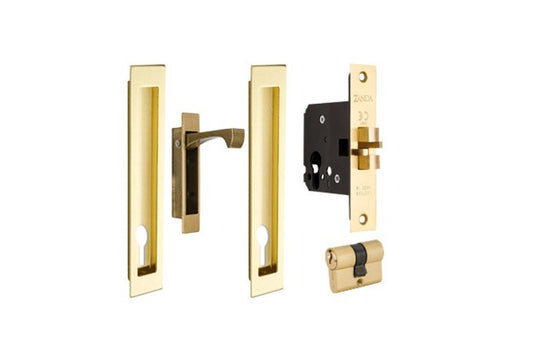 Product images of the Verve Sliding Door Kit in Satin Brass. It has 2 x Flush Pulls, 1 x Edge Pull, 1 x Euro Cylinder and 1 x Sliding Door Mortice Lock.
