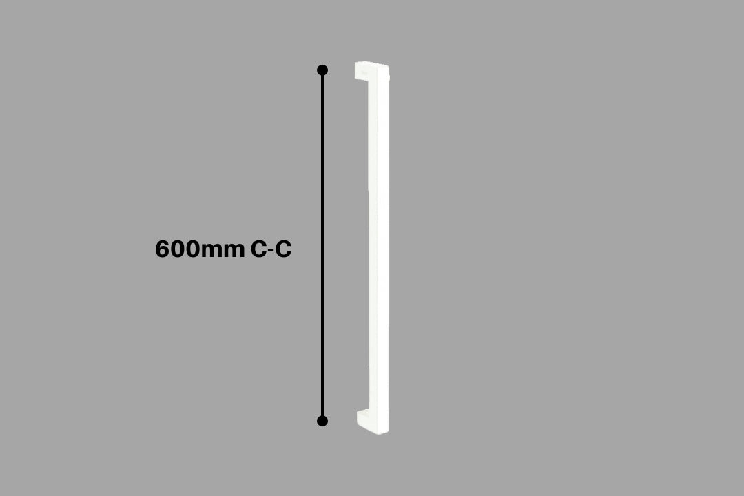 The Toorak Pull Handle in White on a grey background. There is black writing with the measurement on it.