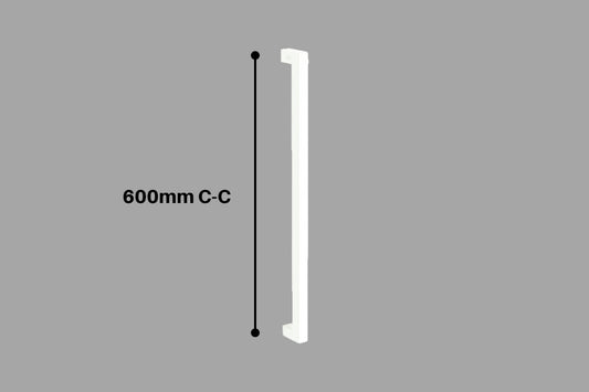 The Toorak Pull Handle in White on a grey background. There is black writing with the measurement on it.