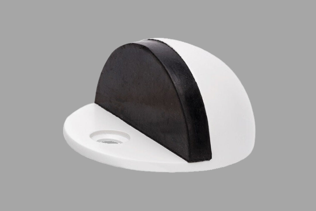 Product picture of the Zanda White Oval Door Stop on a grey background.