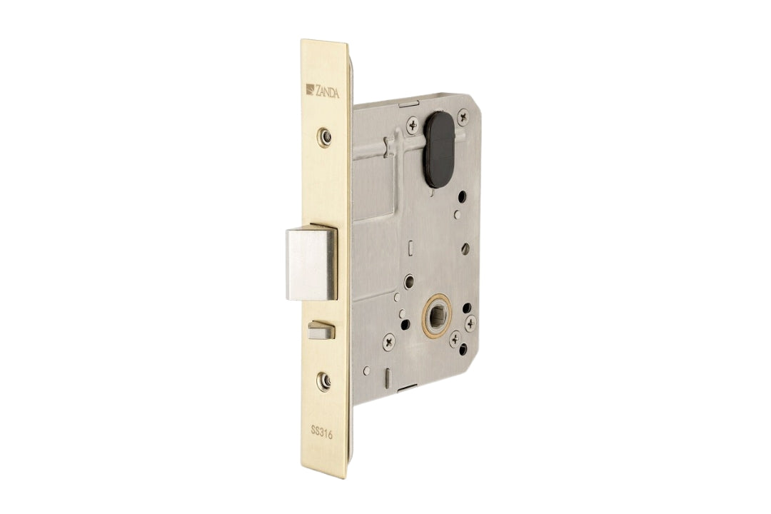 Product picture of the Zanda Satin Brass Commercial Mortice Lock 1450.SB on a white background.