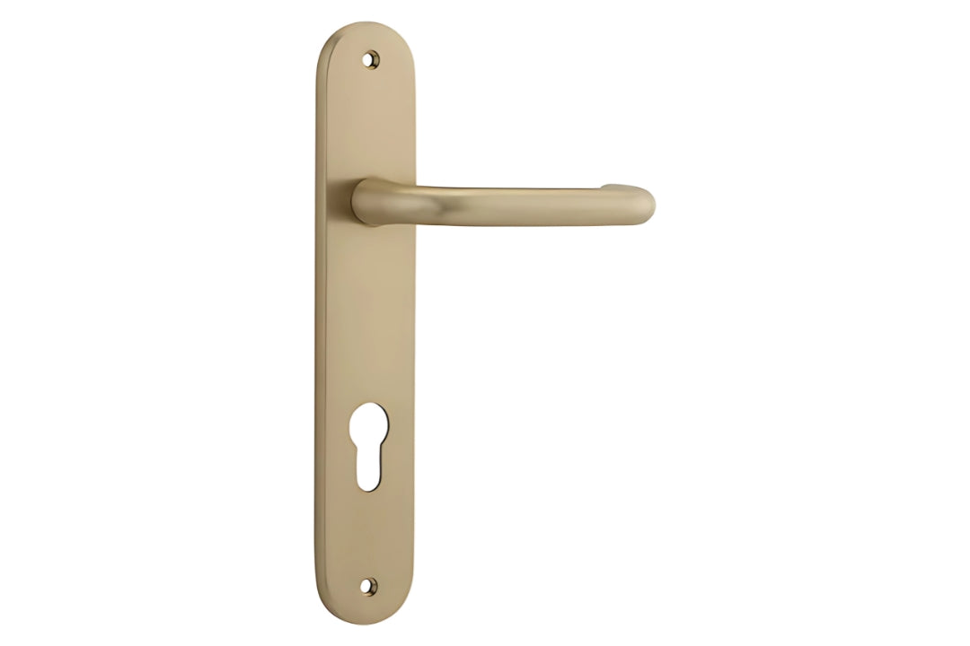 Iver Oslo Lever Handle on Oval Plate Euro in Brushed Brass – Architectural brass door handle for luxury projects.