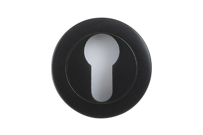 Product picture of the Apollo Design Round Euro Escutcheon 50mm Matt Black on a white background.