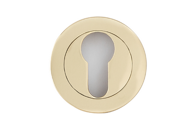 Product image of the Apollo Design Round Euro Escutcheon 50mm Polished Brass on a white background.