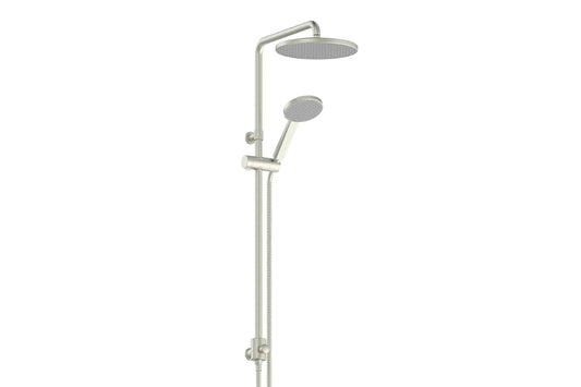 Glide RainBoost Twin Rail Shower in Brushed Nickel – soft nickel finish architectural twin rail shower