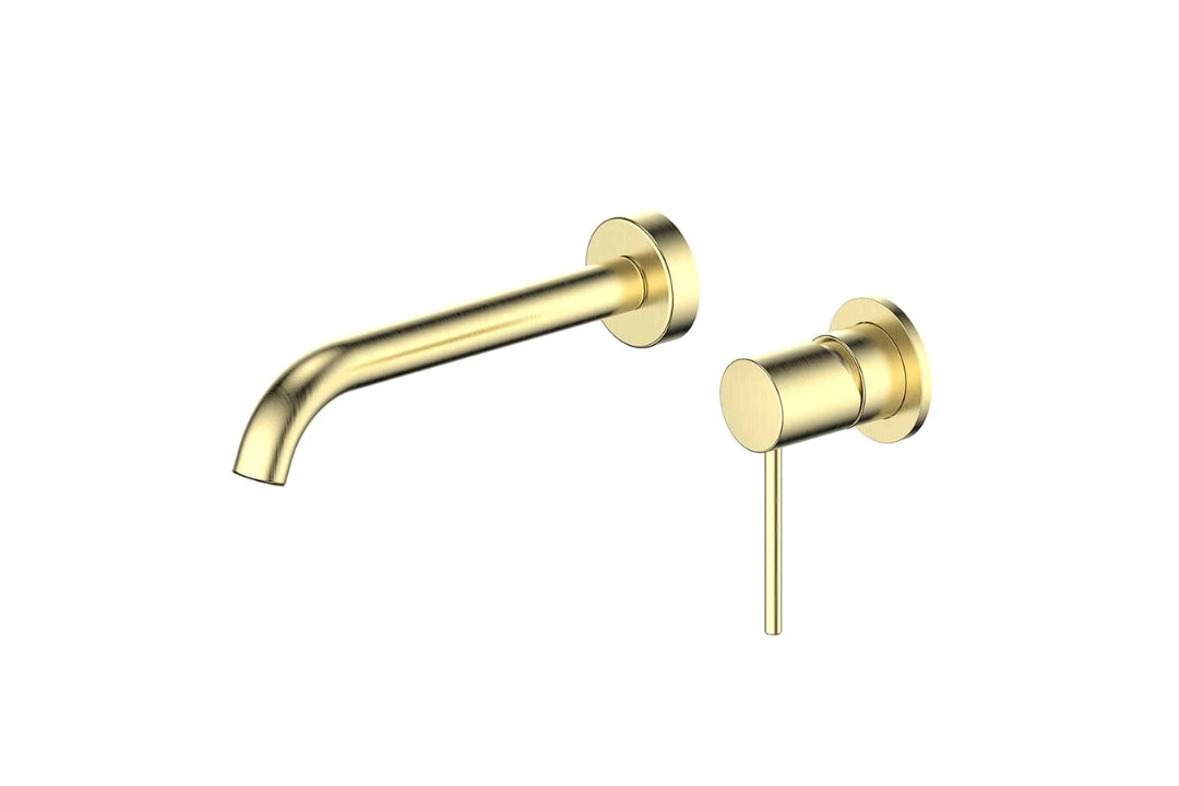 Gisele Wall Basin Mixer in Brushed Brass – brushed brass wall mixer tap for luxury architectural bathroom designs