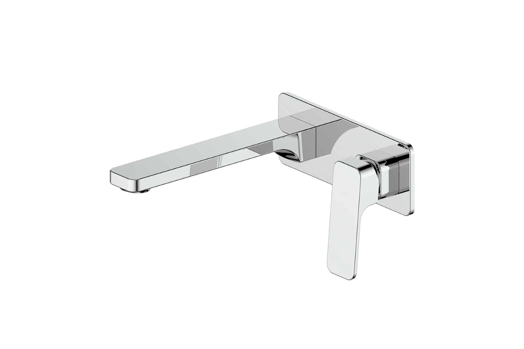 Swept Wall Basin Mixer with Faceplate in Chrome Plate – chrome wall-mounted basin mixer with faceplate for minimalist bathrooms