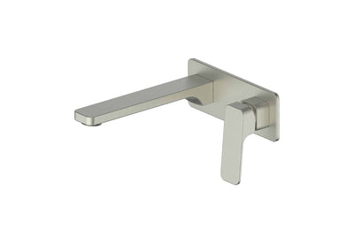 Swept Wall Basin Mixer with Faceplate in Brushed Nickel – brushed nickel soft square mixer for architect-designed interiors