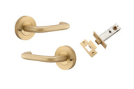 Iver Oslo Brushed Brass Lever Door Handle with Inbuilt Privacy on Round Rose — Luxury architectural brass handle.