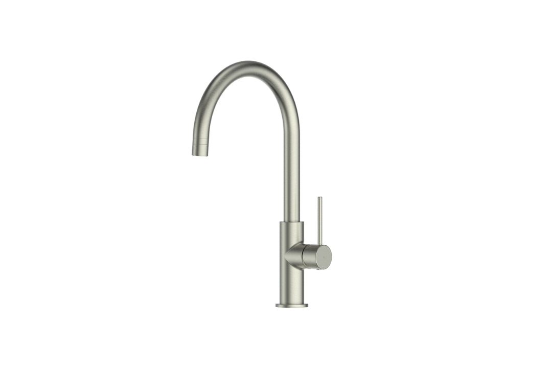 Maci Gooseneck Sink Mixer in Brushed Nickel – minimalist brushed nickel sink mixer for modern kitchens