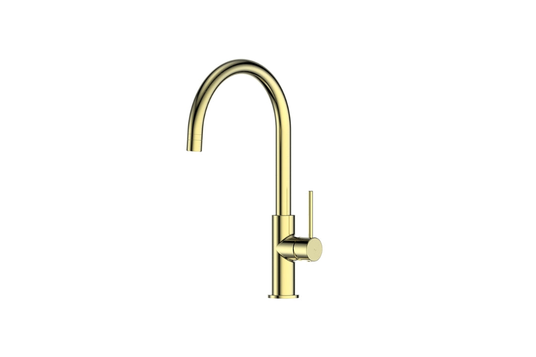Maci Gooseneck Sink Mixer in Brushed Brass – luxury brass kitchen tap for architect-designed interiors
