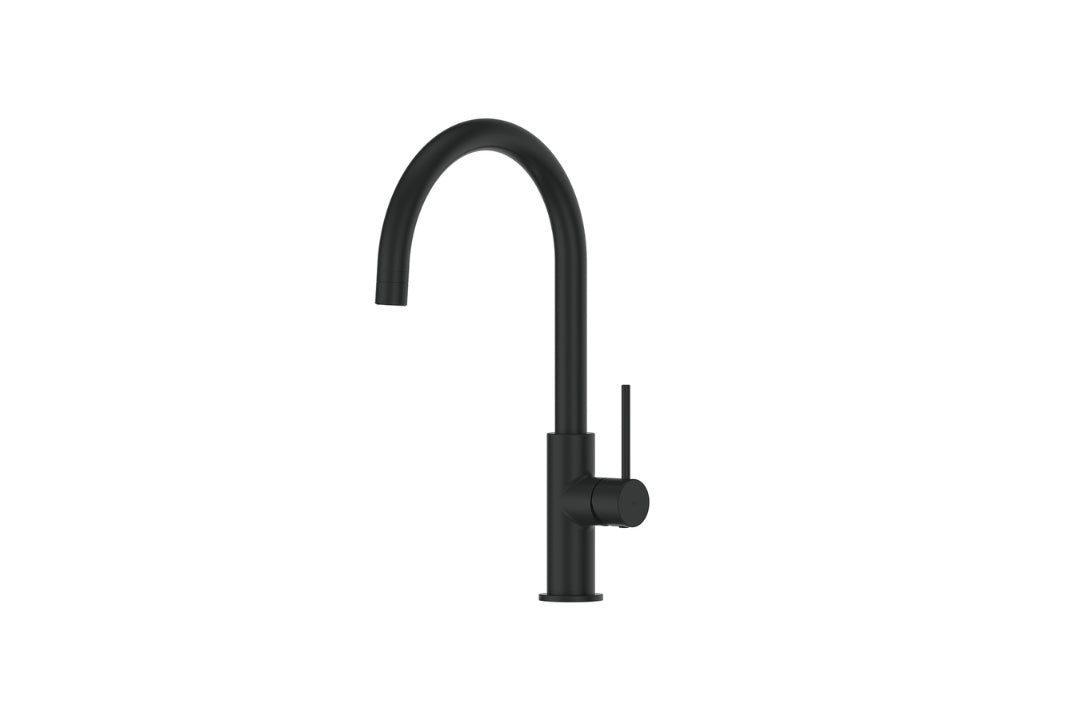 Maci Gooseneck Sink Mixer in Matt Black – modern black sink mixer with gooseneck spout for architectural homes